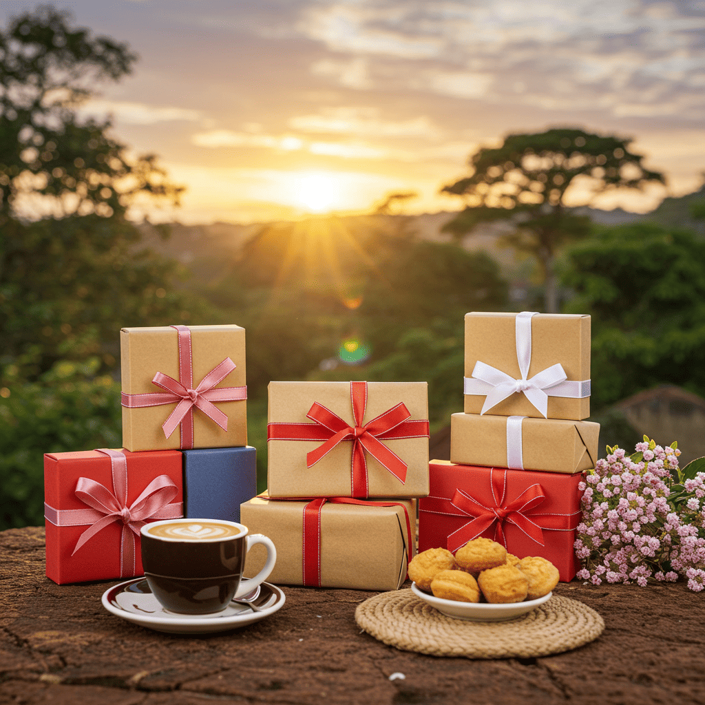 Variedade de presentes criativos com a orla de Santos ao fundo, ideal para datas especiais.